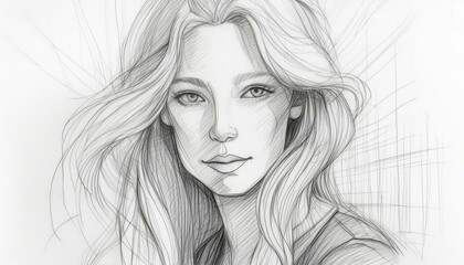 Sketch of blond woman with long hair on white paper