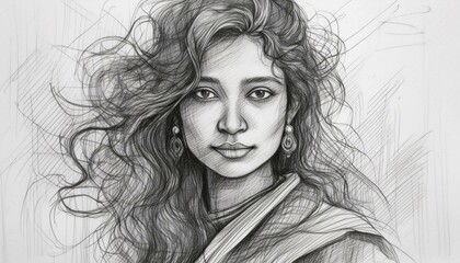 Sketch of asian woman on white paper