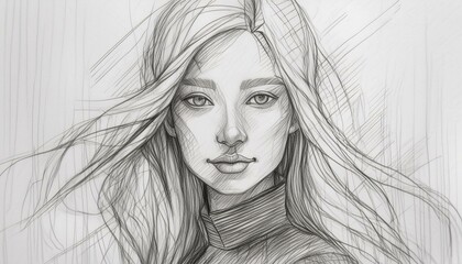 Sketch of blond woman with long hair on white paper