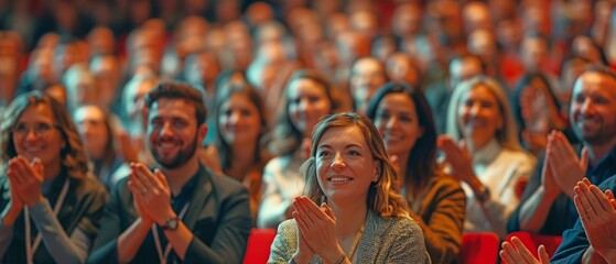 Obraz premium The conference crowd smiles as they cheer the speaker.