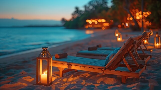 Sun loungers on the sandy beach under the light of lanterns at night