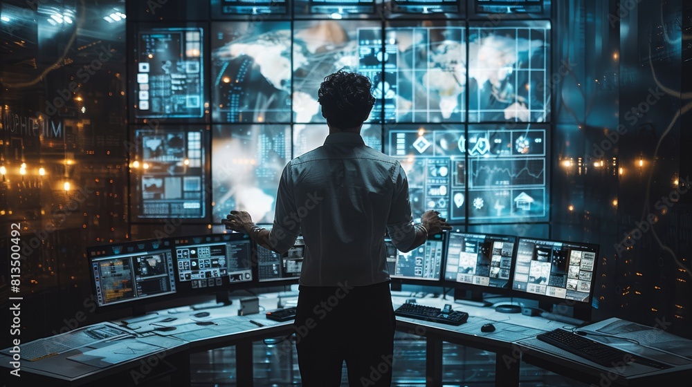 Poster Man in front of multiple modern screens, controlling tasks with touch screens. Generative AI.