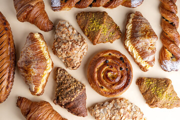 Baked Pastries Assortment, Variety of Croissants on Bright Background