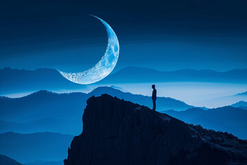 A man standing on the moon, moon over the mountains, silhouette of a person on the moon 