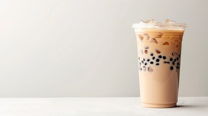 Iced Bubble Tea in Clear Plastic Cup, Refreshing Beverage with Tapioca Pearls, Asian Inspired Drink