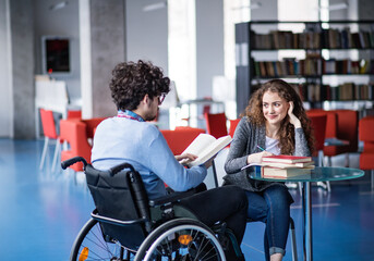 Handsome university student in wheelchair studying in library with classmate, preparing for final...