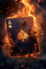 A card with a spade on it is lit on fire and surrounded by smoke