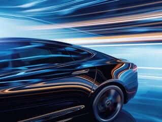Sleek car speeding with dynamic motion blur and light streaks.