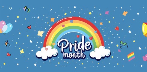 Pride month background design with a rainbow and text "Pride month" on a blue background. Isolated flat design graphic for a web banner, white outline.
