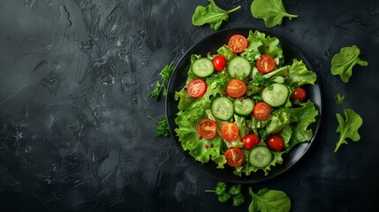 Salad with cucumber, lettuce and cherry tomatoes on a black plate over a dark background in a top view. A healthy food concept. Fresh vegetables salad on craft black plate.