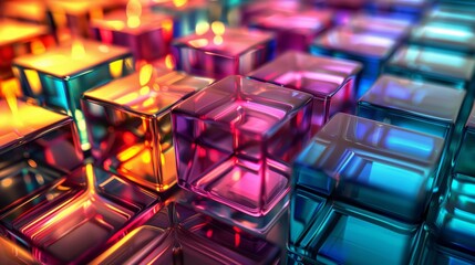 3D rendering of colorful glass cubes with an abstract background. A glowing light effect. Bright colors and gradients. Abstract colorful background of 3d blocks.