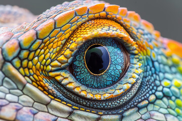 A close up of a colorful lizards eye