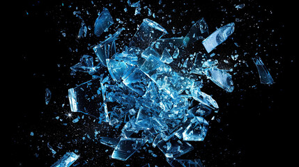 Abstract blue Ice explosion parts isolated on black background