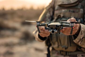 a military man controls a small drone 