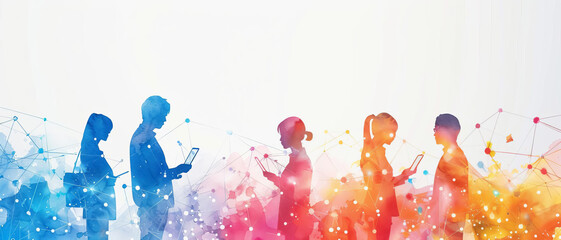 Team engaging with social CRM tools, depicted in a vibrant colorful watercolor style