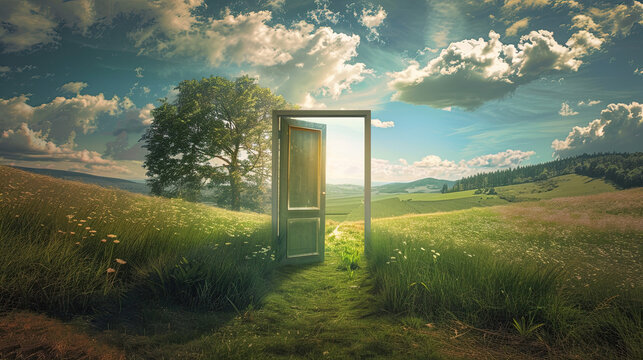 An open door stands in a green landscape