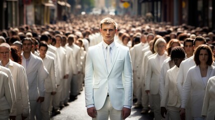 Man in white suit standing out from large crowd of people in the middle of the street