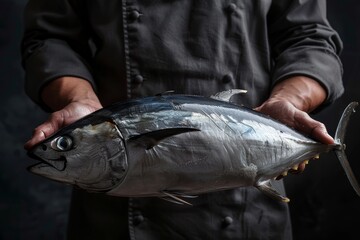 Close-up of a chef's hands holding a large tuna fish, symbolizing mastery in seafood preparation and culinary arts.