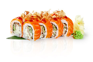 Salmon sushi rolls with eel and spicy sriracha on bamboo leaf