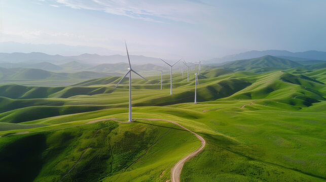 A row of white wind turbines far away on the green rolling hills against blue sky, landspace in Xinjiang