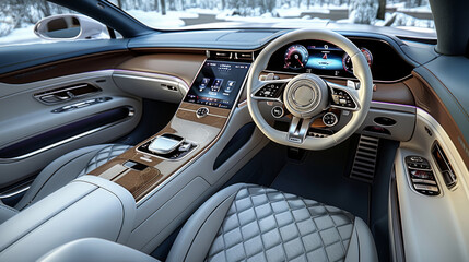 A luxury car interior. Modern and comfortable car. Generative AI.