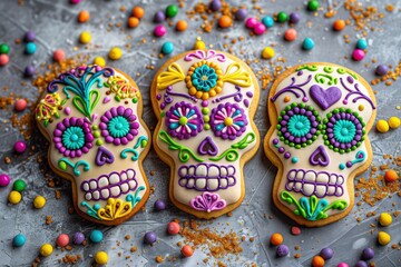 Colorful sugar skull cookies decorated with intricate icing designs, scattered with festive candy beads on a grey background.