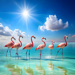 Obraz premium Graceful Flamingos Amidst the Serenity of the Lake