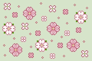 Pixel art of pink and white sakura flowers pattern with green background, can be used for wallpaper, background or game assets.