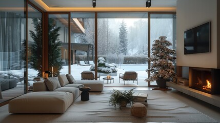 Naklejka premium In winter, looking from the house to the outside, the house is sleek and modern, with TV, fireplace and plants, including chairs. Generative AI.