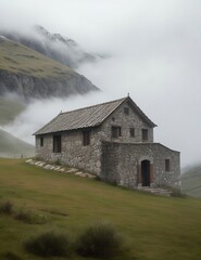 Fototapeta premium Descubre la serenidad de una casa aislada en la montaña, envuelta en niebla, o una granja en el campo del norte de Europa, rodeada de tranquilidad y belleza natural.