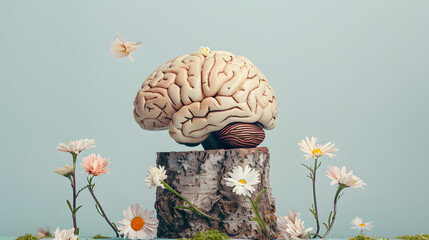 Affectionate : In a simple yet powerful scene, a human brain rests atop a slender tree trunk, surrounded by a few carefully placed flowers.