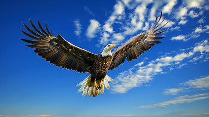 Obraz premium Majestic Bald Eagle Soaring Against a Blue Sky with Clouds