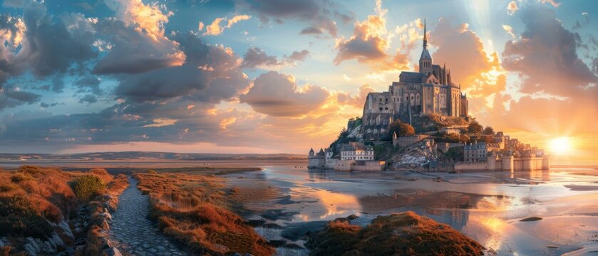 A beautiful sunset over , a tidal island and commune in Normandy, France. AI.