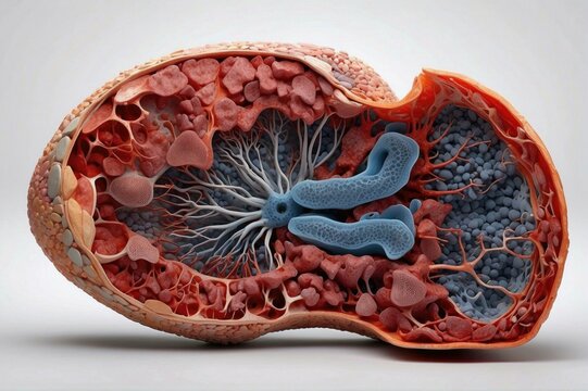 An illustration of the inside of a kidney, showing the intricate network of blood vessels and tubules that filter waste products from the blood. AI.
