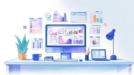 A dynamic workplace showcasing operational CRM solutions, artistically rendered in watercolors on a pure white background