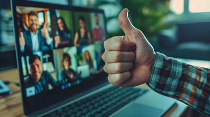 Remote Work Success Concept, Person Giving Thumbs Up in Front of Laptop during Video Call. Modern Telecommuting Scene. Digital Team Meeting. AI