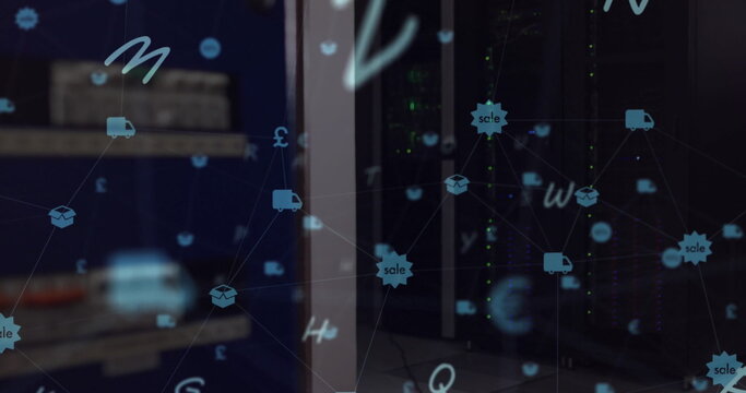 Mathematical symbols floating in blue background with servers