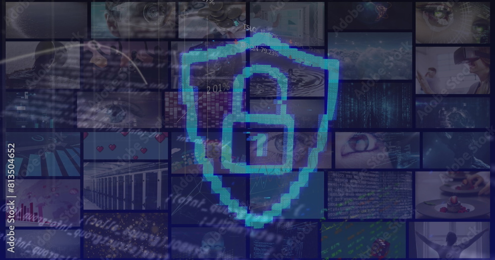 Poster image of online security padlock and data processing on screens