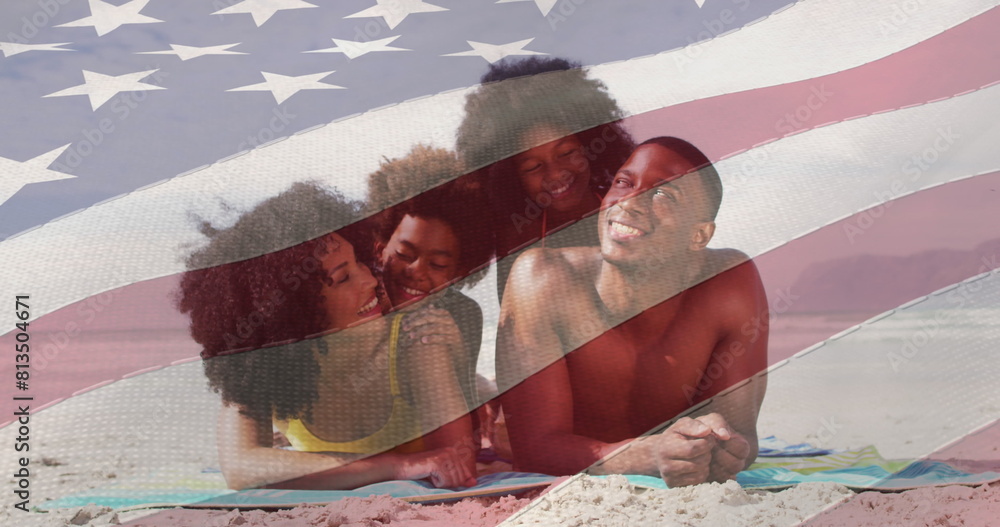 Canvas Prints Image of flag of united states of america over happy senior african american family on beach