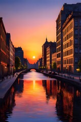 Fototapeta premium At sunset in the city center, sunset and night sky, the view of the city where the sun sets, the brilliant sunset, the beautiful sunset, the brilliant sunset, the brilliant sunset, ai, 도시의 석양, 일몰