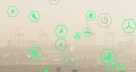 Green digital icons overlay industrial port scene, cranes visible in background