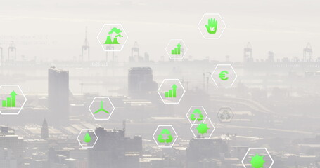 Digital icons symbolizing energy and finance are hovering over cityscape