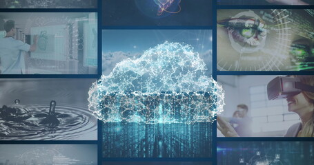 Image of digital cloud and data processing on screens