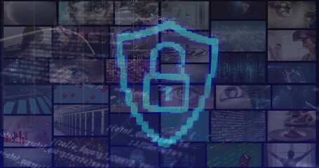 Image of online security padlock and data processing on screens