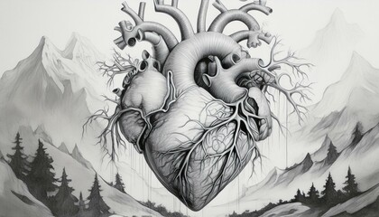 drawing sketch of a human heart on white paper