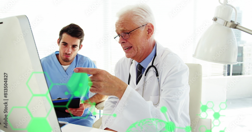 Poster Image of chemical formulas and data processing over caucasian male doctors using computer
