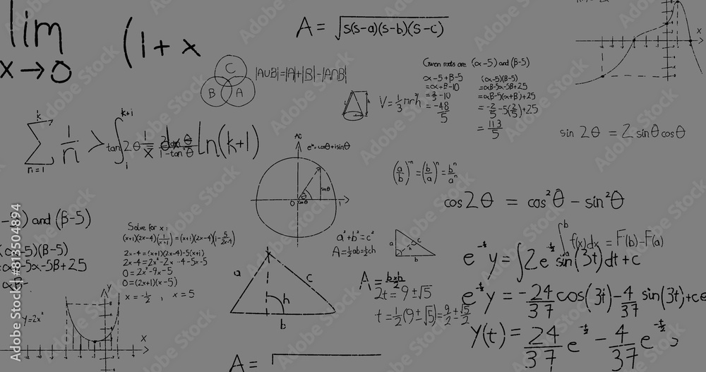 Poster image of math graps and data over grey background