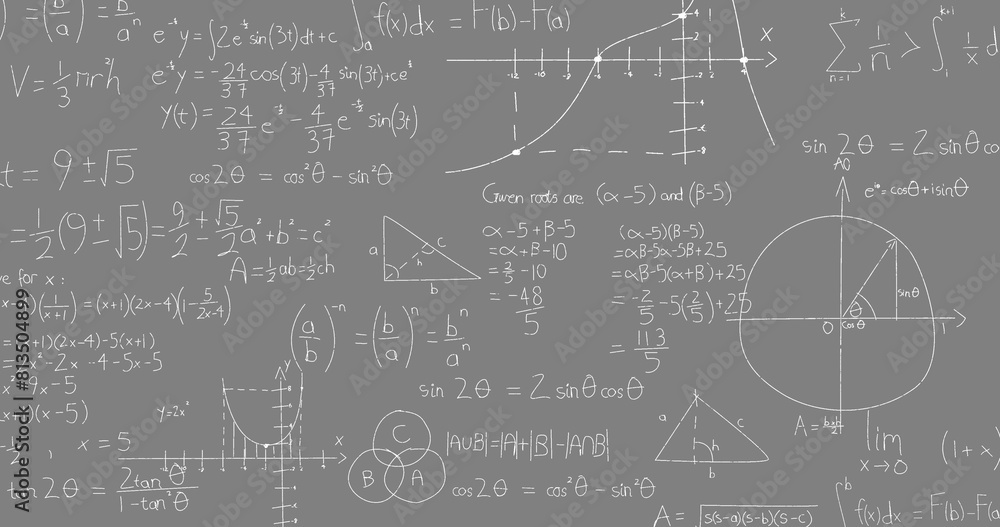 Poster image of math graps and data over grey background