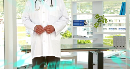 Image of chemical formulas and data processing over happy caucasian senior male doctor