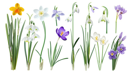 Set of early spring flowers including crocus, snowdrop, and primrose, isolated on transparent background